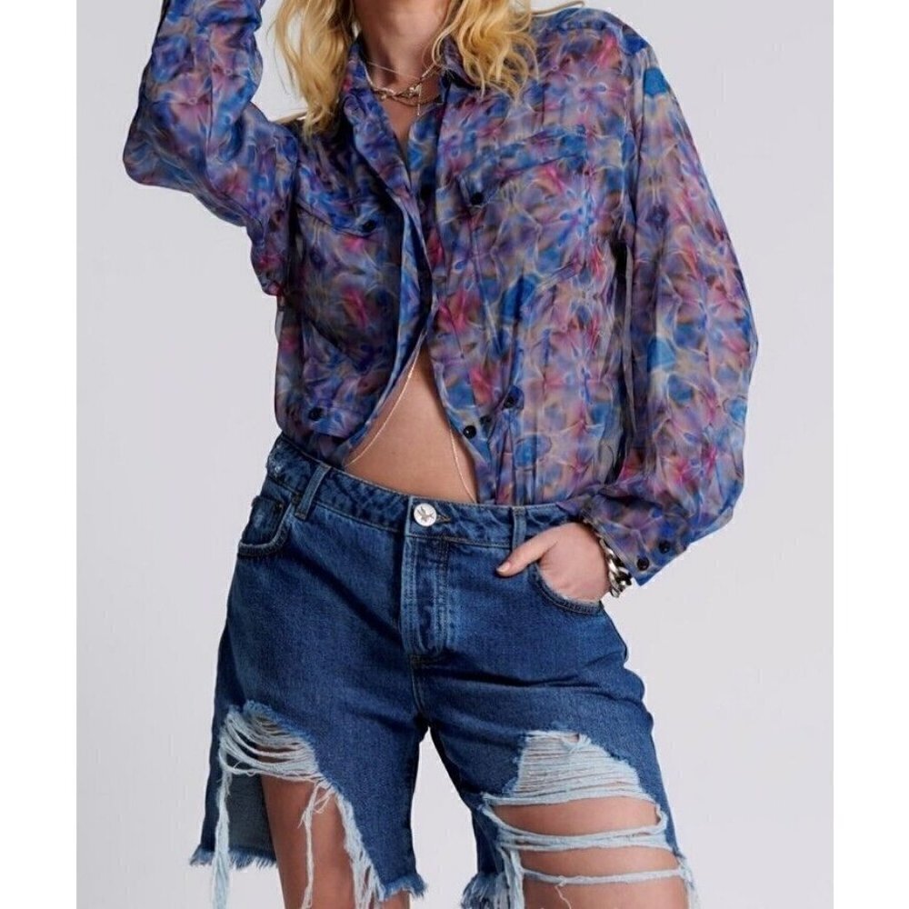 New One Teaspoon Stevies Boyfriend Denim Shorts Womens 23 Slim Distressed Blue